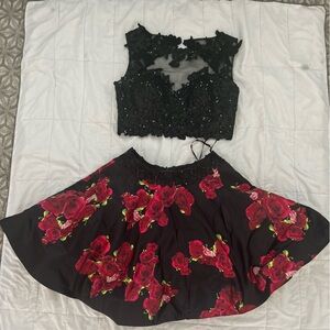 Jovani two-piece black sequin top with pink/red roses (Size 8)